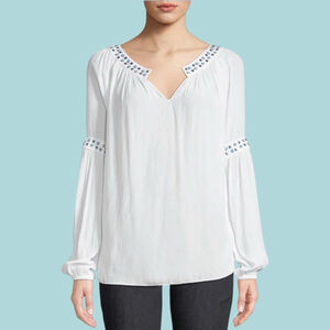 Women's Ramy Brook Wyatt Round-Neck Blouson Top with Studs, S, White Turquoise